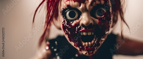 a very creepy evil horror movie doll with blood all over it's face