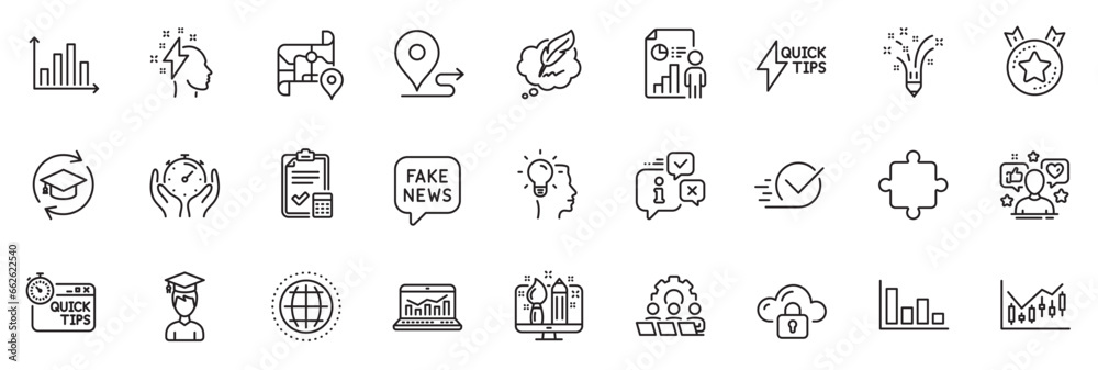 Icons pack as Timer, Copyright chat and Ranking star line icons for app include Info, Journey, Quickstart guide outline thin icon web set. Continuing education, Web analytics. Vector