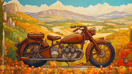 Vintage motorcycle on display at a museum. Fantasy concept , Illustration painting. photo