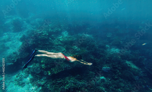  female snorkeling in flipper discover aquatic life in Bali during leisure time