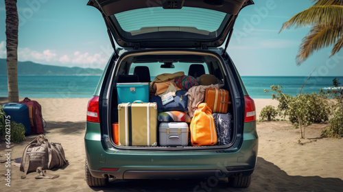 Car trunk with luggage with seaside on background. Travel concept