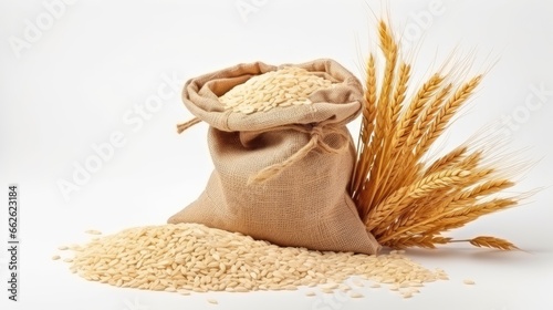 white rice in a sack bag isolated on a white background