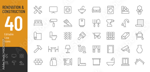 Construction and Renovation Line Editable Icons set. Vector illustration in modern thin line style of  home repair related  icons: finishing building materials, household appliances, furniture, decor