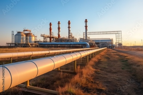 Gas pipeline and gas distribution substation. Transportation of energy resources as an important part of the economy of countries. Environmentally transmission of energy resources over long distances.