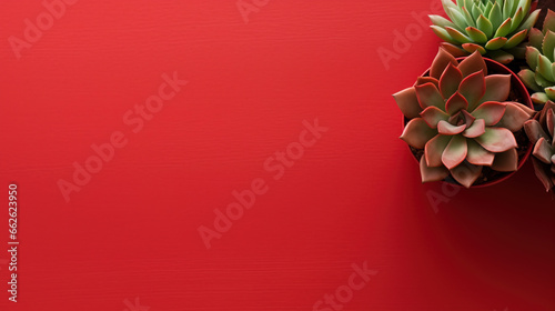 minimalistic red background with succulents, with empty copy space