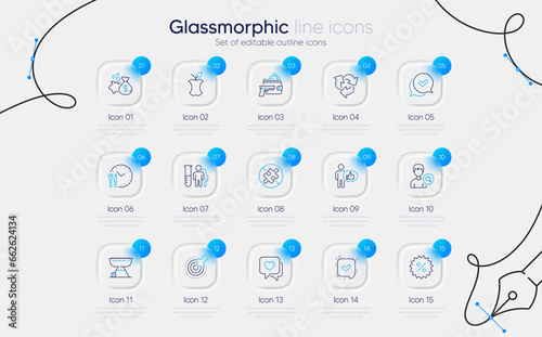 Set of Food time, Targeting and Like line icons for web app. Medical analyzes, Confirmed, Grill icons. Heart, No puzzle, Organic waste signs. Recycle, Approved, Armed robbery. Vector