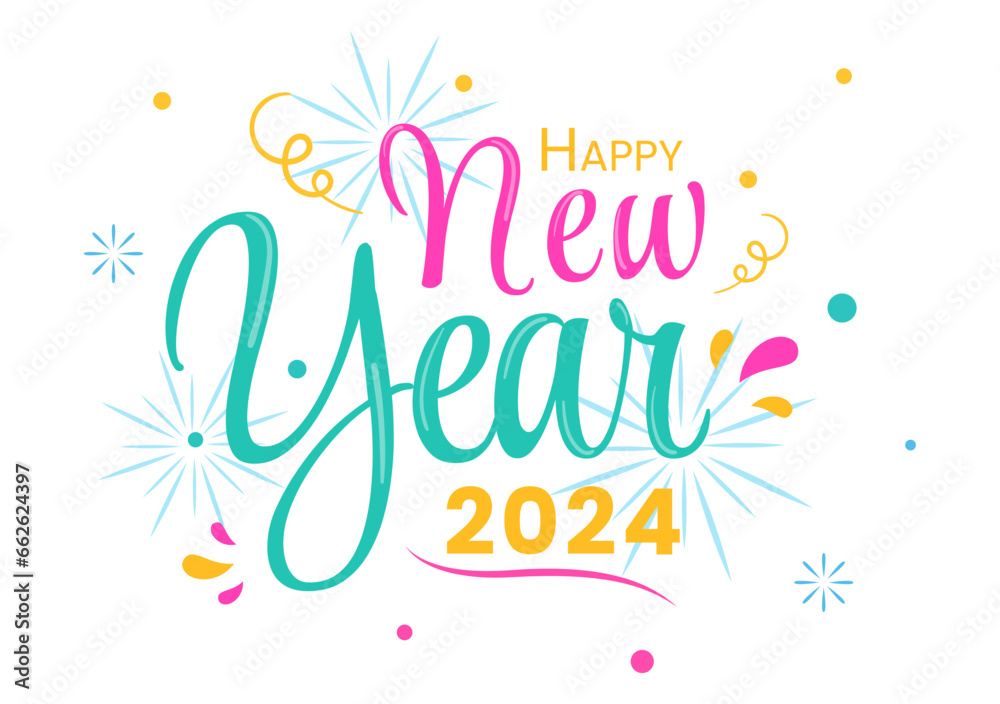 Happy New Year 2024 Celebration Vector Illustration with Trumpet, Fireworks, Ribbons and Confetti in Holiday National Flat Cartoon Background