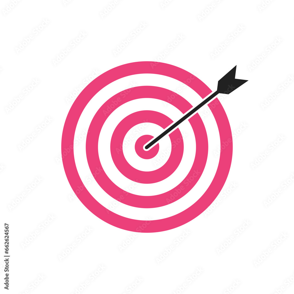 Pink bullseye dart target icon. Dart target goal marketing sign. Arrow dart logo vector. Winner dart sign. Pink bullseye dart target icon. Dart target goal marketing sign. Arrow dart logo vector. Winner dart sign.