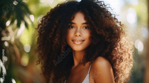 Portrait of a beautiful woman with an afro hairstyle. Feminine beauty.
