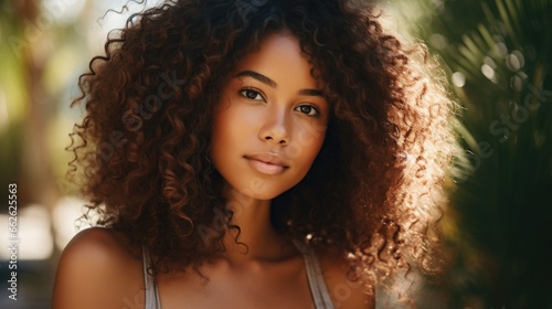 Portrait of a beautiful woman with an afro hairstyle. Feminine beauty.