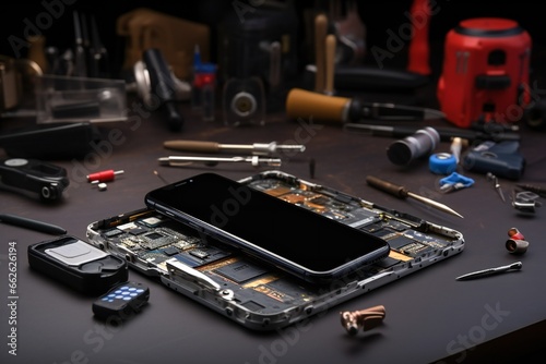 Photo of a cellphone repair shop table with smartphone, and equipment Generative AI