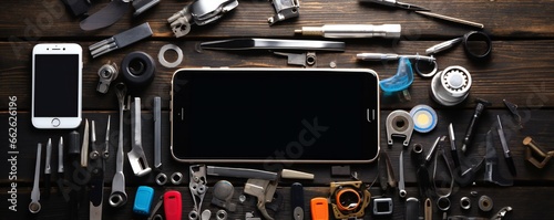 Photo of a cellphone repair shop table with smartphone, and equipment Generative AI