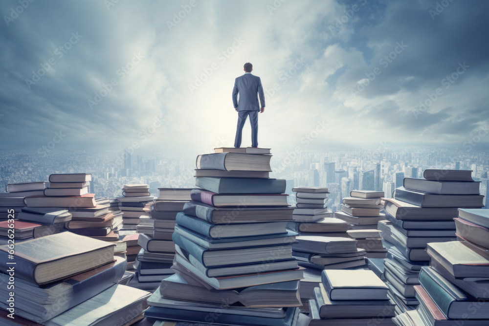 A concept of a businessman with books piled high around him, emphasizing the importance of acquiring wisdom and knowledge to excel in the world of business and career. - obrazy, fototapety, plakaty 