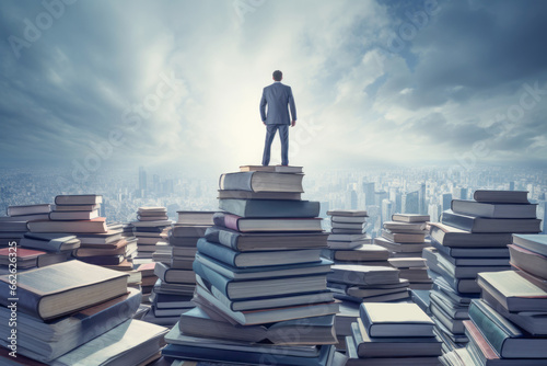 A concept of a businessman with books piled high around him, emphasizing the importance of acquiring wisdom and knowledge to excel in the world of business and career. photo