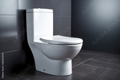 A white ceramic toilet, an essential fixture in every home, where people find privacy and comfort while addressing their daily needs. photo