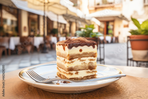 A delectable plate of Italian Tiramisu dessert  an irresistible sweet treat.