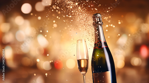 Champagne popping and pouring with blurred bokeh background 