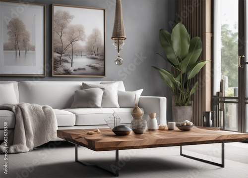 Wooden square coffee table near white sofa in room with grey wall with art poster. Minimalist elegant home interior design of modern living room