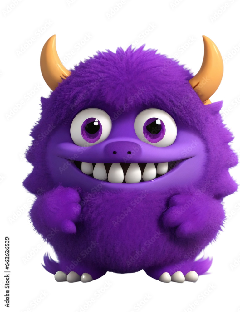 Cute and funny purple monster 3D cartoon character on transparent background. Generative Ai.