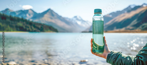 In the midst of a stunning mountain landscape, a traveler's water bottle awaits, providing a clean and hydrating taste of summer in the blue waters of the lake. photo