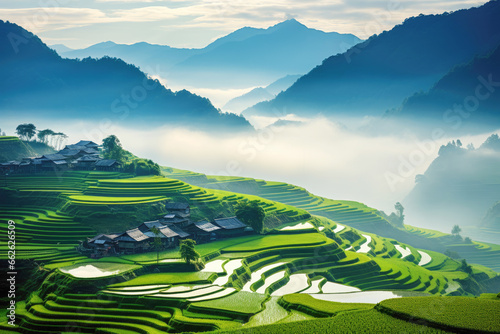 Nestled against the backdrop of majestic mountains  the rice terraces form a stunning landscape  demonstrating the essence of sustainable farming and traditional agriculture in Asia.