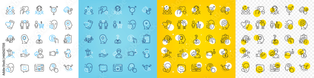 Vector icons set of Teamwork, Genders and Leadership line icons pack for web with Face search, Fingerprint, Heart outline icon. Medical mask, Select user, Hold heart pictogram. Vector