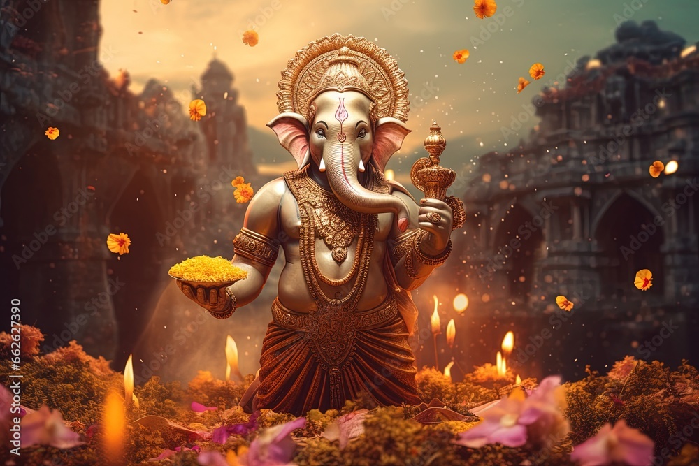 Hindu God Ganesha with flowers - obrazy, fototapety, plakaty 