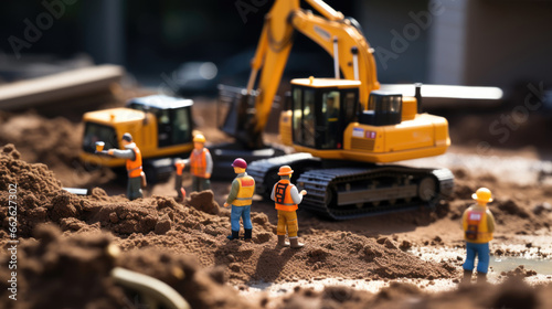 A group of toys minifigure construction workers, excavators and bulldozer on dirt field background with depth of field effect.