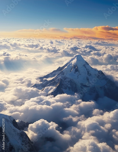 A vista of mountains from the sky with clouds above, atmospheric scenes. 