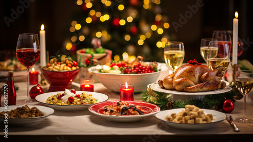 Christmas Dinner tabletop, beautifully decorated with creamy bokeh christmas lights in the background 