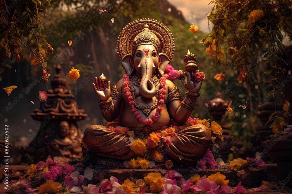 Hindu God Ganesha with flowers