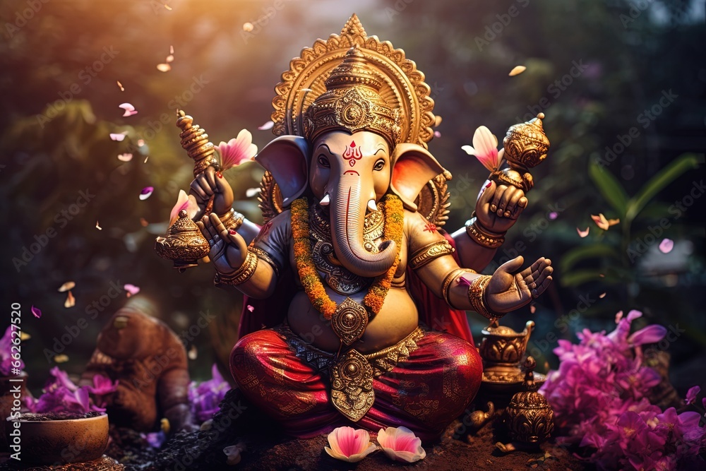 Fototapeta premium Hindu God Ganesha with flowers