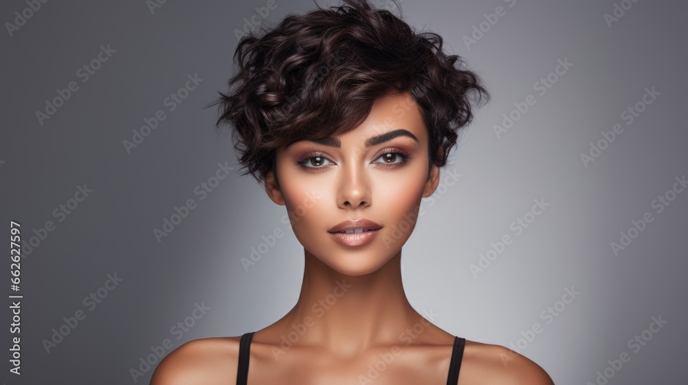 Charming young brunette woman with a fashionable haircut. Fashion and beauty.