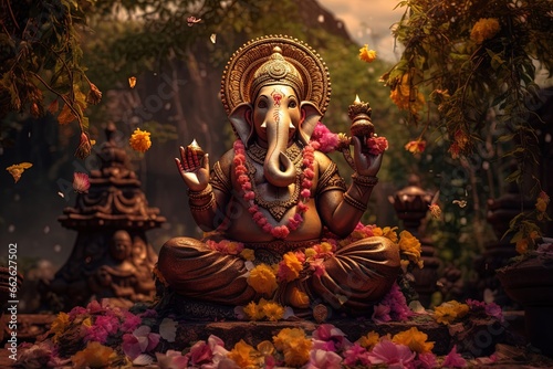 Hindu God Ganesha with flowers © Rudsaphon