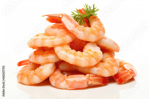 Stack of boiled shrimp on white background