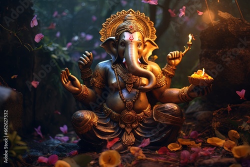 Hindu God Ganesha with flowers © Rudsaphon