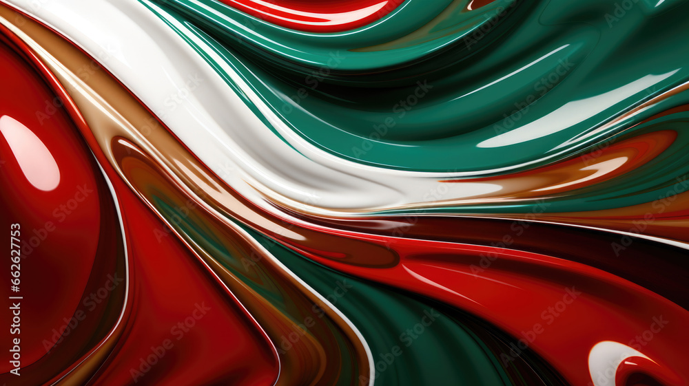 A slick artistic, reflective swirly wavy colorful liquid wallpaper art, with dark emerald and red, green, white, bronze and brown.
