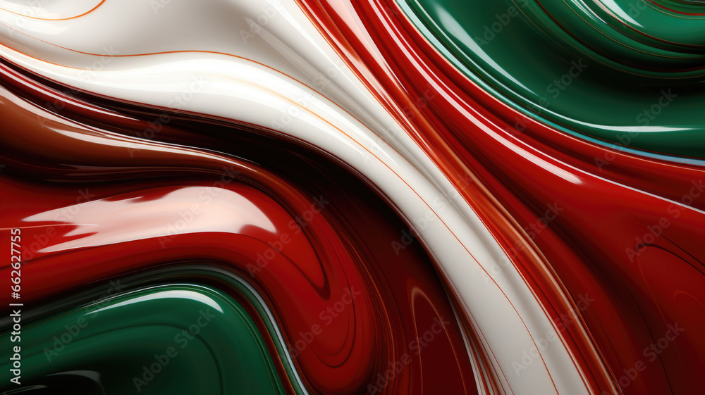 A slick artistic, reflective swirly wavy colorful liquid wallpaper art, with dark emerald and red, green, white, bronze and brown.