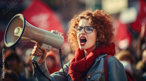 Empower Your Message - Woman Activist with Megaphone Leading the Protest!