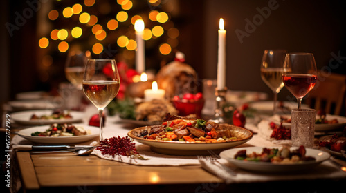 Christmas Dinner tabletop  beautifully decorated with creamy bokeh christmas lights in the background 