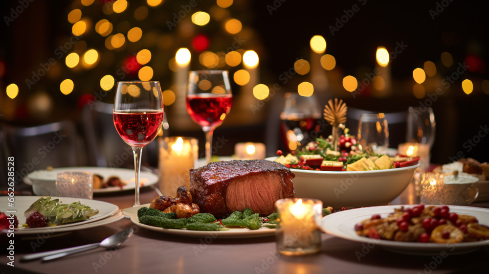 Christmas Dinner tabletop, beautifully decorated with creamy bokeh christmas lights in the background 