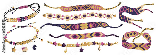 Set of bracelets in y2k style. Handmade accessories woven from threads and beads. Hobby creating stylish jewelry. Vector illustration in cartoon style isolated on white background.