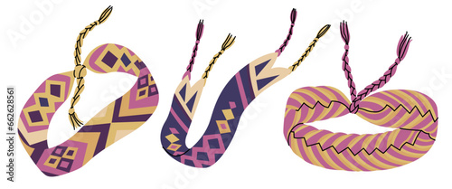 Set of bracelets in y2k style. Handmade accessories woven from threads. Hobby creating stylish jewelry. Vector illustration in cartoon style isolated on white background.