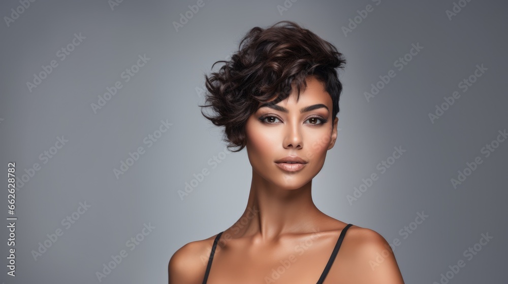 Charming young brunette woman with a fashionable haircut. Fashion and beauty.