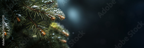 Christmas tree background close-up with tree branches and snow. Merry Xmas card with lights and bokeh. Happy New Year. Generative Ai