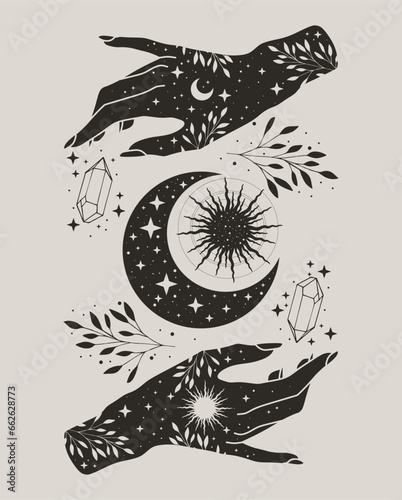 Magical moon, sun and woman hands. Gray colors. Alchemy esoteric magic space, vector isolated on light background.