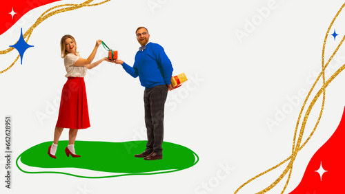 Poster. Contemporary art collage. Modern creative art work. Happy Holidays. Cheerful woman and man, couple dressed vintage outfit gave presents each other