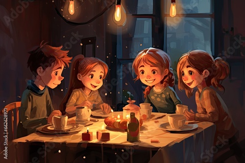 a group of kids are having a christmas party, in the style of  romantic illustrations