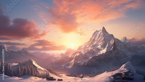 a snowy mountain scene with the sun setting over it © EnelEva