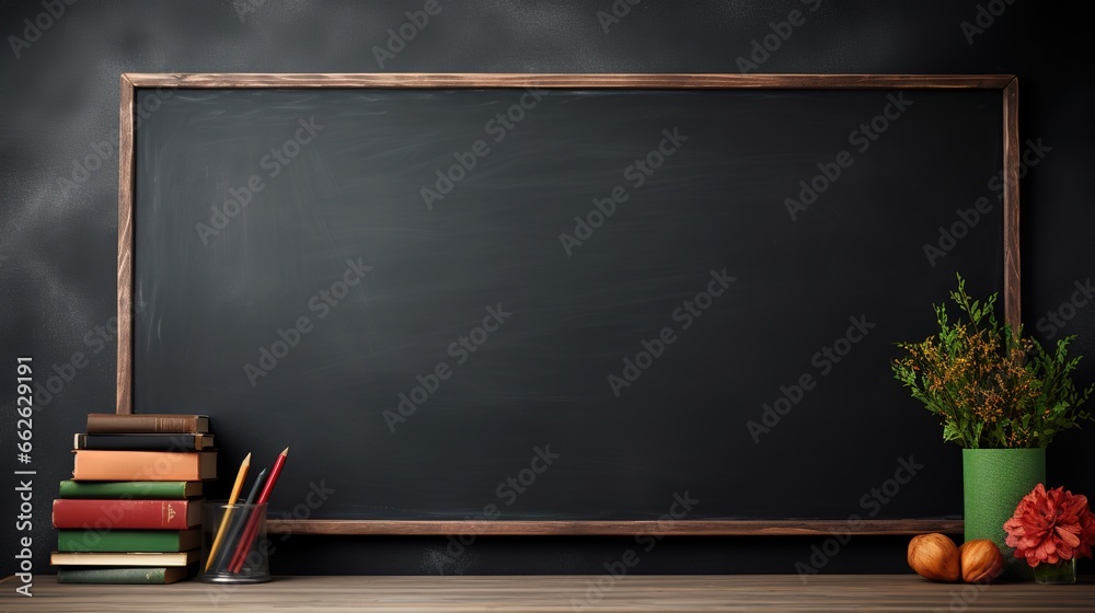 Empty blackboard in front of classroom with chalkboard eraser Background for displaying or editing products. - obrazy, fototapety, plakaty 